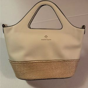 Nanette Lepore Handbag, tote bag, open cut out handles, tan natural w/ straw